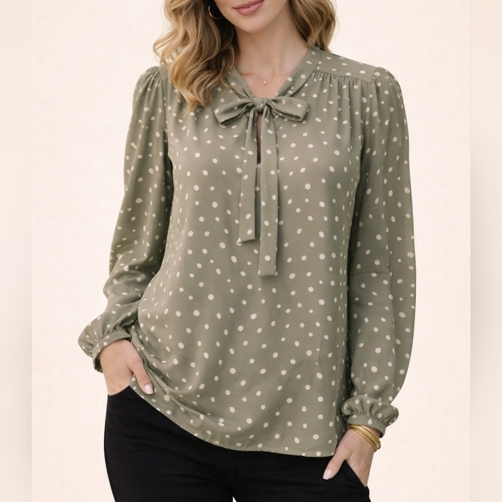 143 STORY BY LINE UP Sage White Polka Dot Bow Tie Long Sleeve Castlecore Blouse